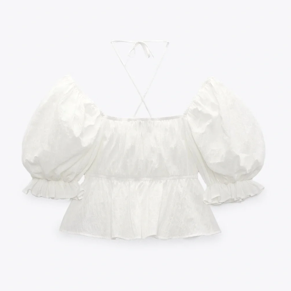 ZARA Oyster White Cotton Puff Sleeve Peplum